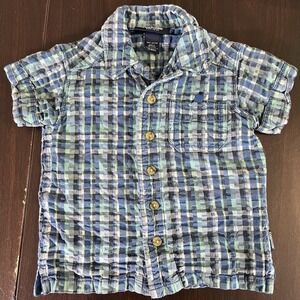 OshKosh‎ B'gosh Baby Boys 12M Blue Plaid Seersucker Button Up Shirt EUC